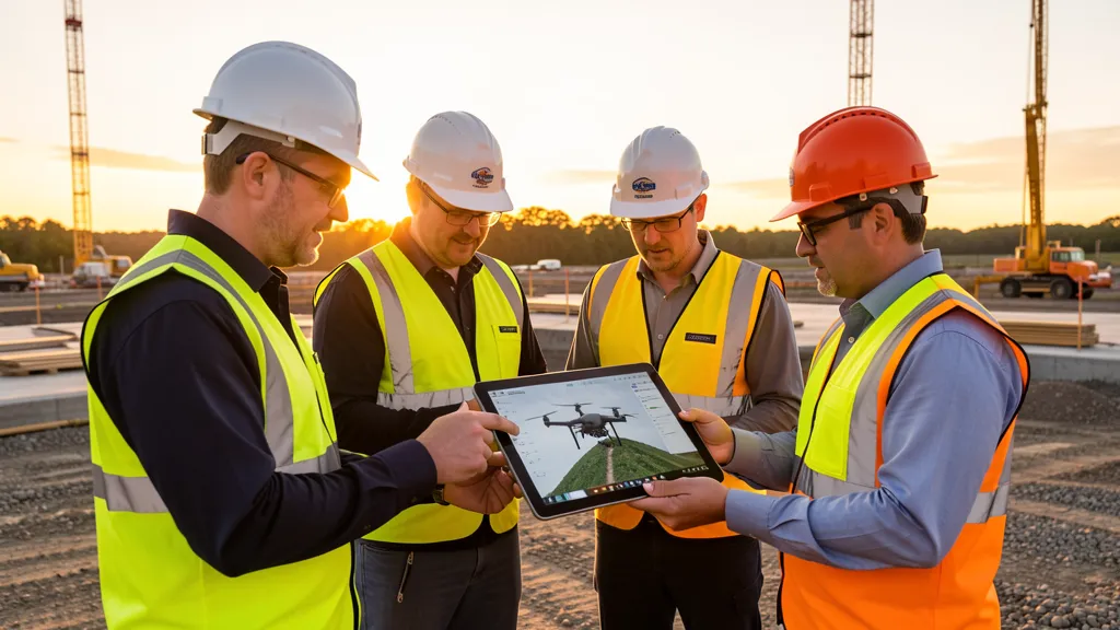 Professional drone operators in safety vests reviewing aerial imaging data on a tablet at a construction site