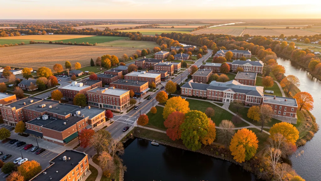 Aerial view of Adrian, MI showing the local landscape and terrain relevant to aerial imaging operations