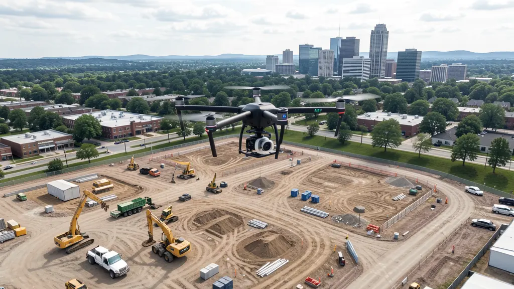 aerial imaging in progress at a construction site in Allentown, PA with local terrain visible