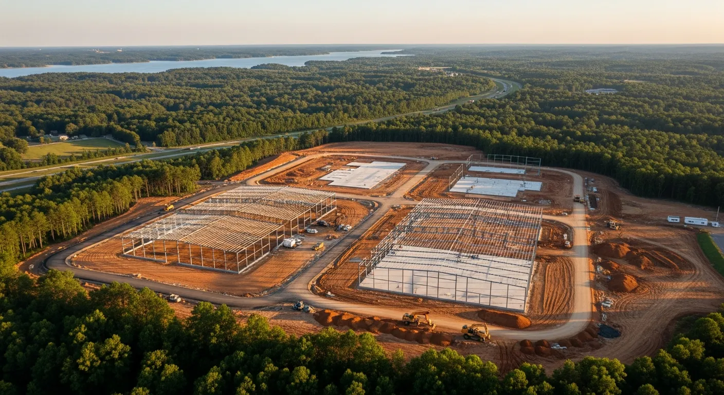 aerial imaging in progress at a construction site in Anderson, SC with local terrain visible
