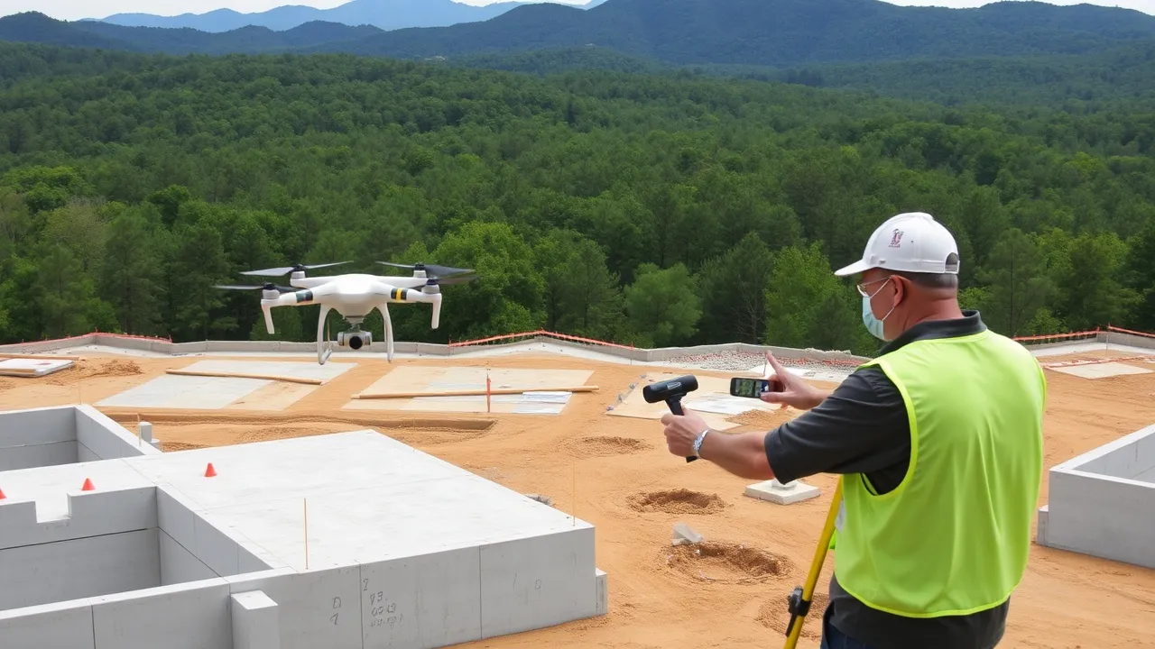aerial imaging in progress at a construction site in Auburn, AL with local terrain visible