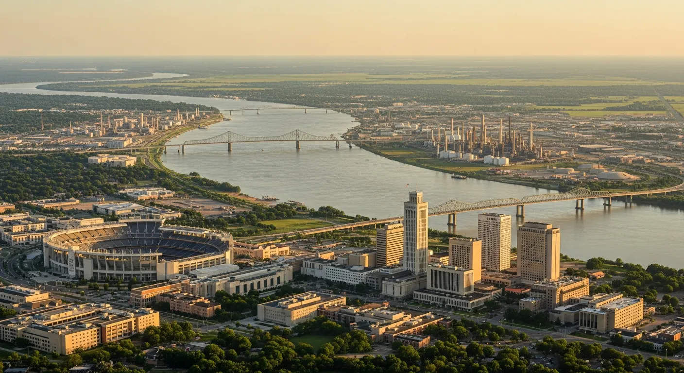 Aerial view of Baton Rouge, LA showing the local landscape and terrain relevant to aerial imaging operations