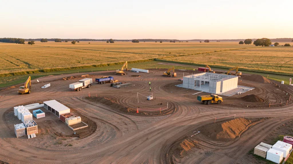 aerial imaging in progress at a construction site in Belleville, IL with local terrain visible