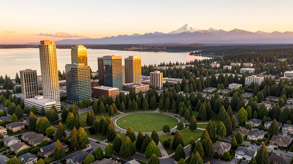 Aerial view of Bellevue, WA showing the local landscape and terrain relevant to aerial imaging operations