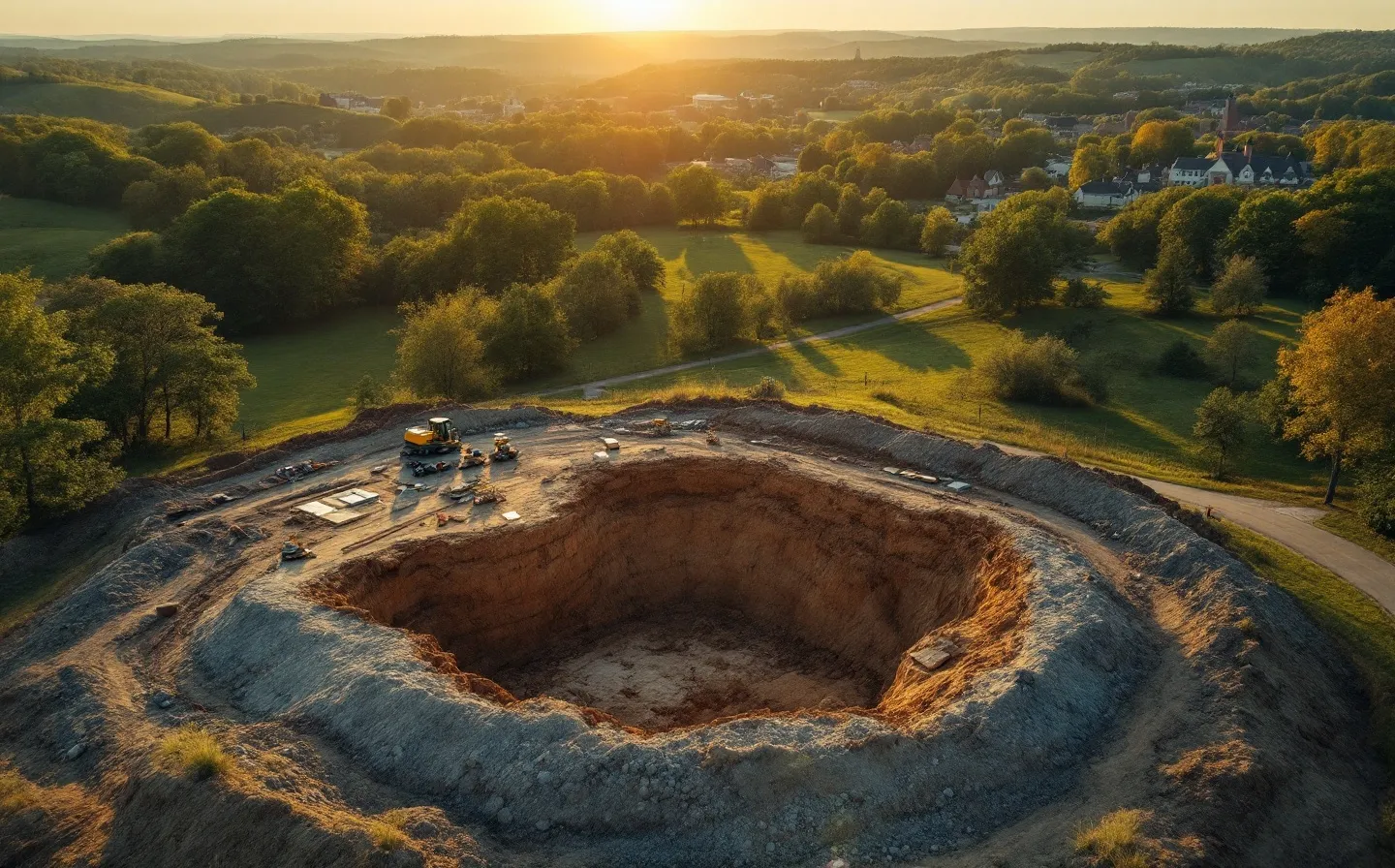 aerial imaging in progress at a construction site in Bloomington, IN with local terrain visible