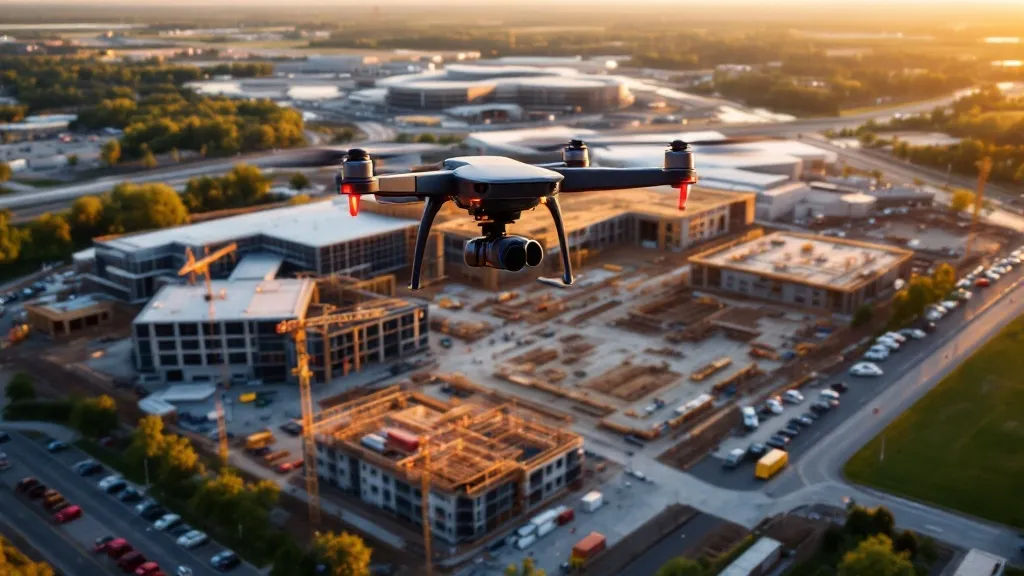aerial imaging in progress at a construction site in Bloomington, MN with local terrain visible