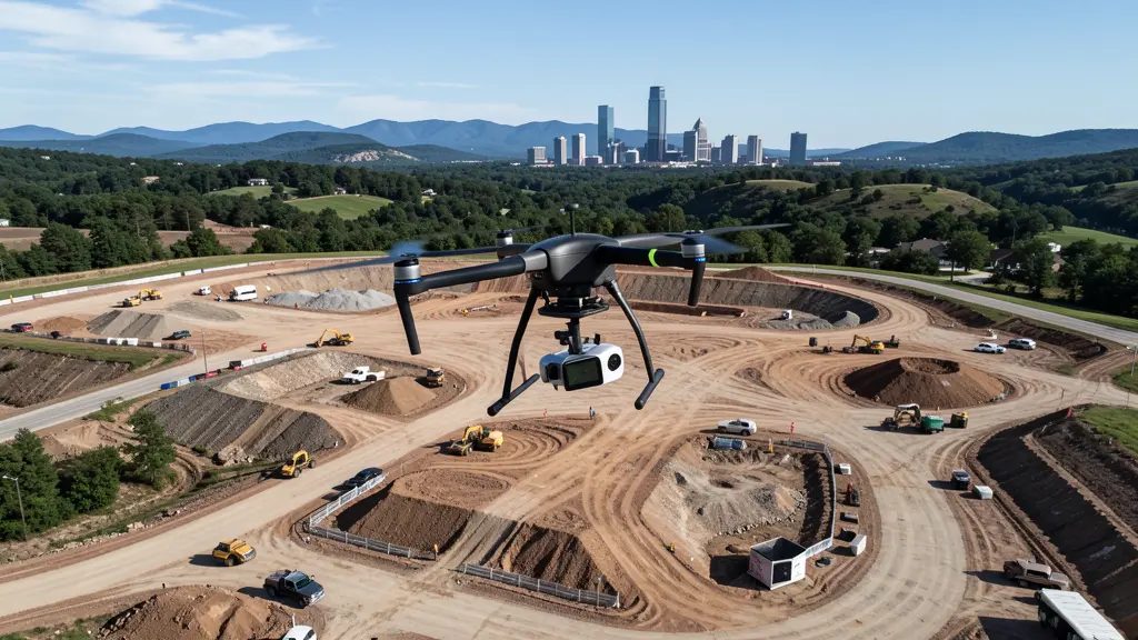 aerial imaging in progress at a construction site in Branson, MO with local terrain visible