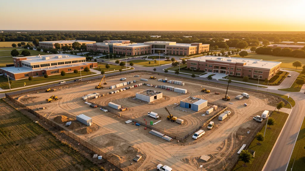 aerial imaging in progress at a construction site in Bryan, TX with local terrain visible