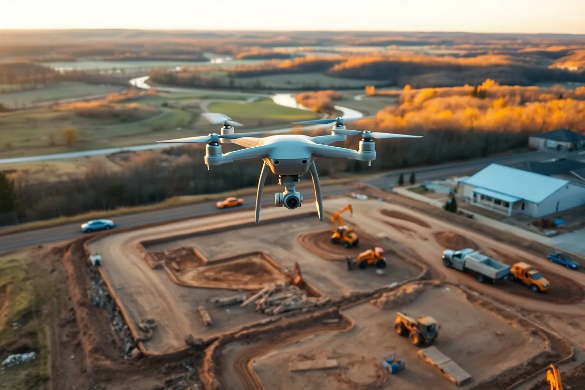 aerial imaging in progress at a construction site in Bryant, AR with local terrain visible