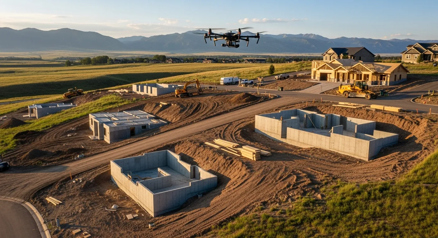 aerial imaging in progress at a construction site in Buffalo, WY with local terrain visible