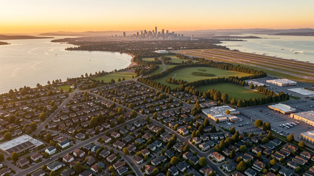 Aerial view of Burien, WA showing the local landscape and terrain relevant to aerial imaging operations