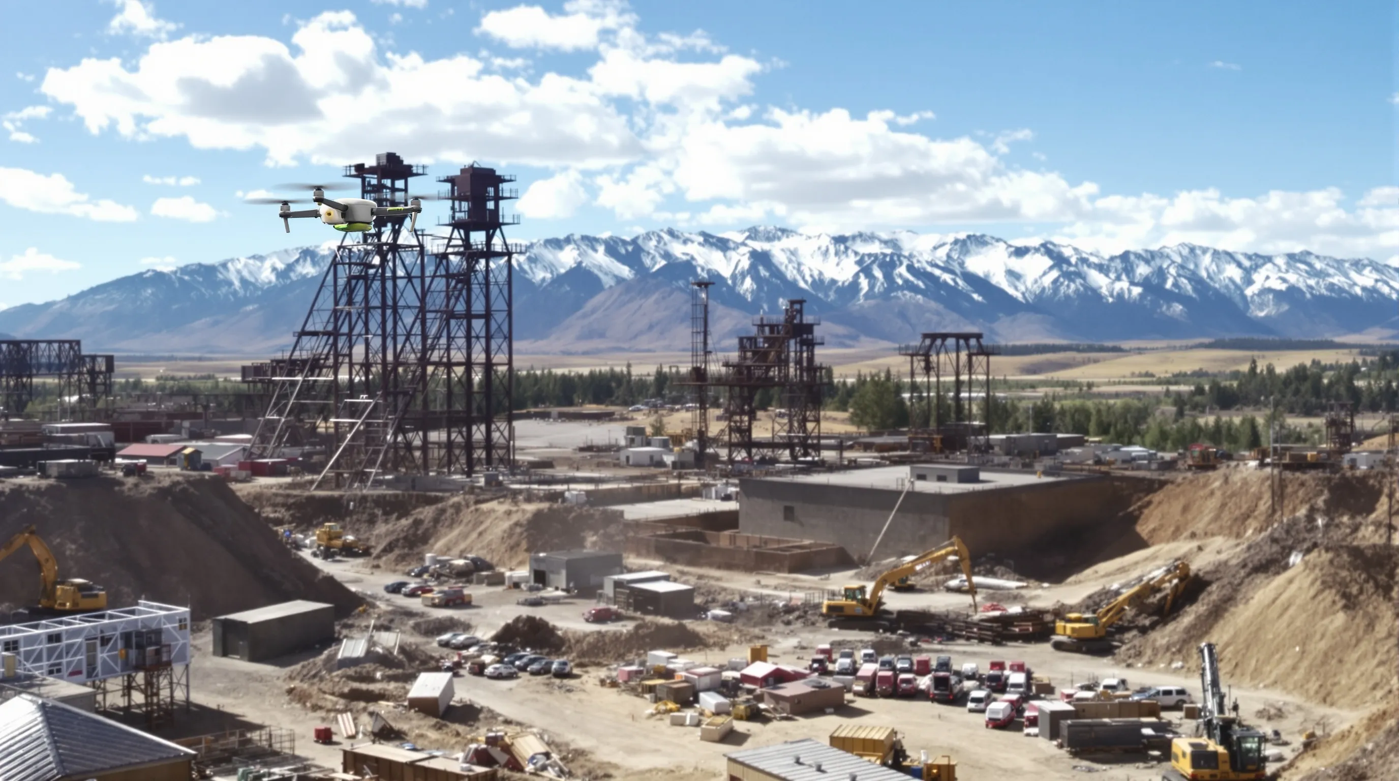 aerial imaging in progress at a construction site in Butte, MT with local terrain visible