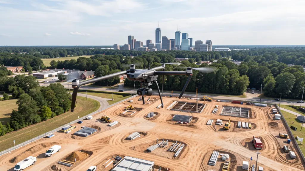 aerial imaging in progress at a construction site in Cabot, AR with local terrain visible