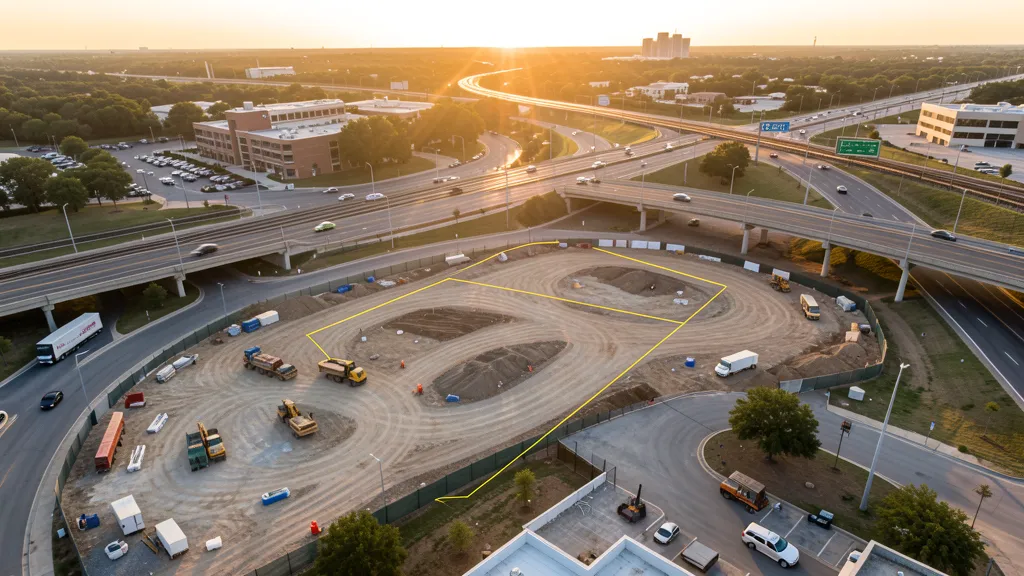 aerial imaging in progress at a construction site in Carrollton, TX with local terrain visible
