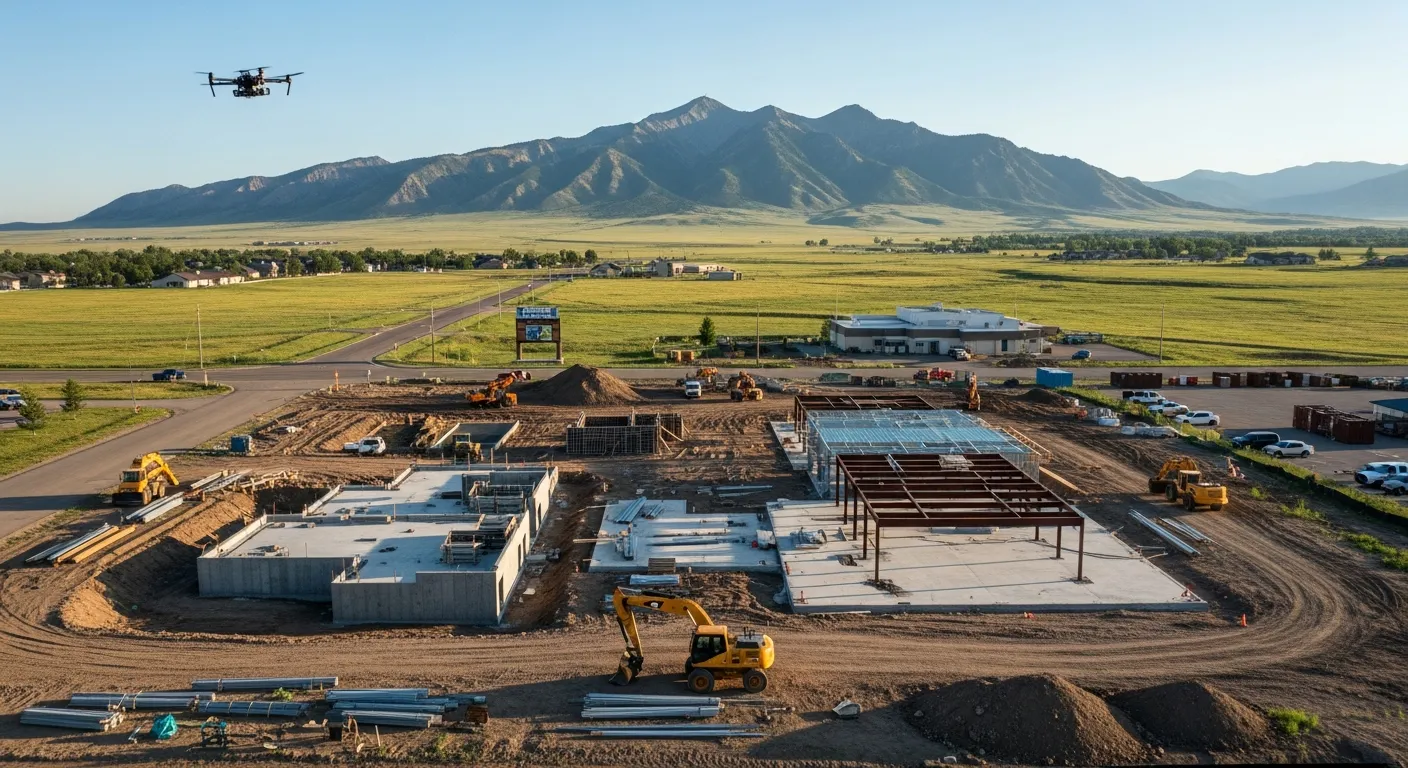 aerial imaging in progress at a construction site in Casper, WY with local terrain visible