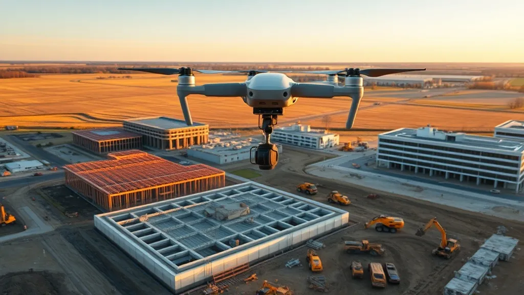 aerial imaging in progress at a construction site in Champaign, IL with local terrain visible