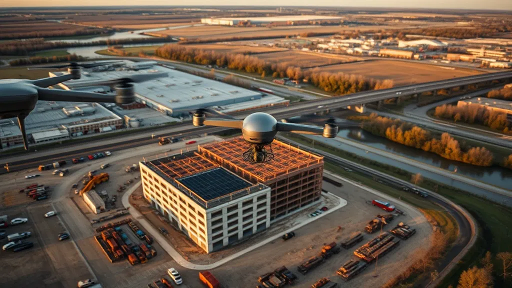 aerial imaging in progress at a construction site in Charleston, IL with local terrain visible