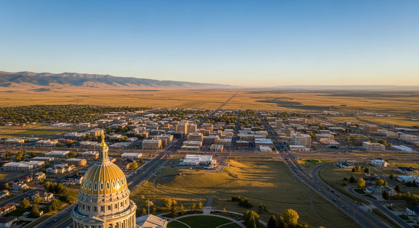 Aerial view of Cheyenne, WY showing the local landscape and terrain relevant to aerial imaging operations