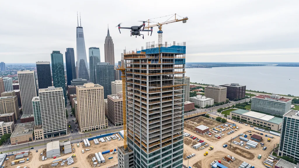 aerial imaging in progress at a construction site in Chicago, IL with local terrain visible