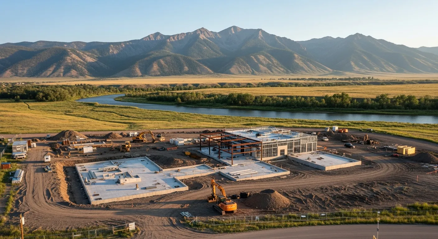 aerial imaging in progress at a construction site in Cody, WY with local terrain visible