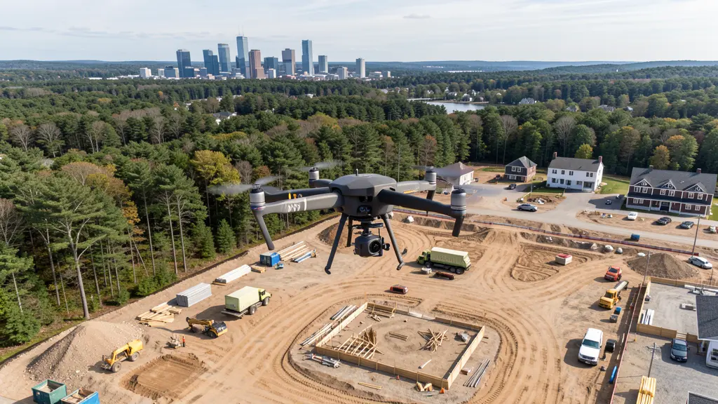 aerial imaging in progress at a construction site in Concord, NH with local terrain visible