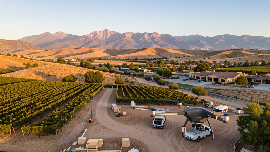 aerial imaging in progress at a construction site in Cottonwood, AZ with local terrain visible