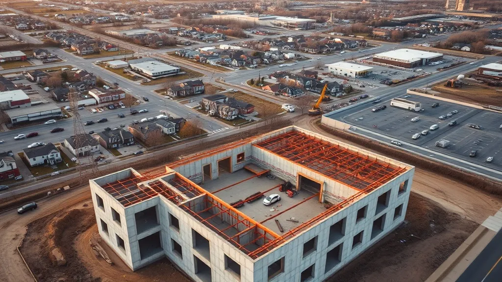 aerial imaging in progress at a construction site in Cranston, RI with local terrain visible