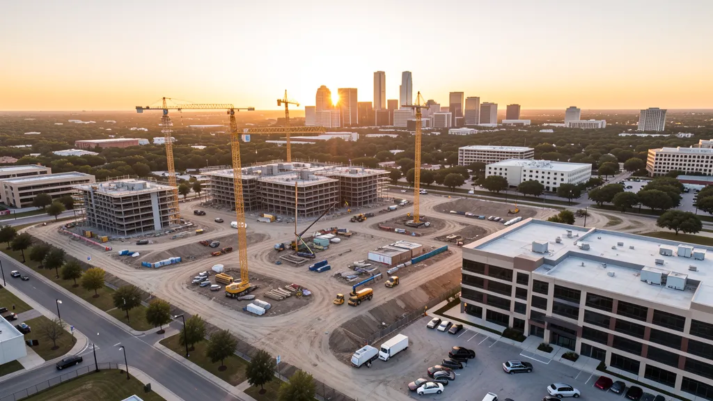 aerial imaging in progress at a construction site in Dallas, TX with local terrain visible
