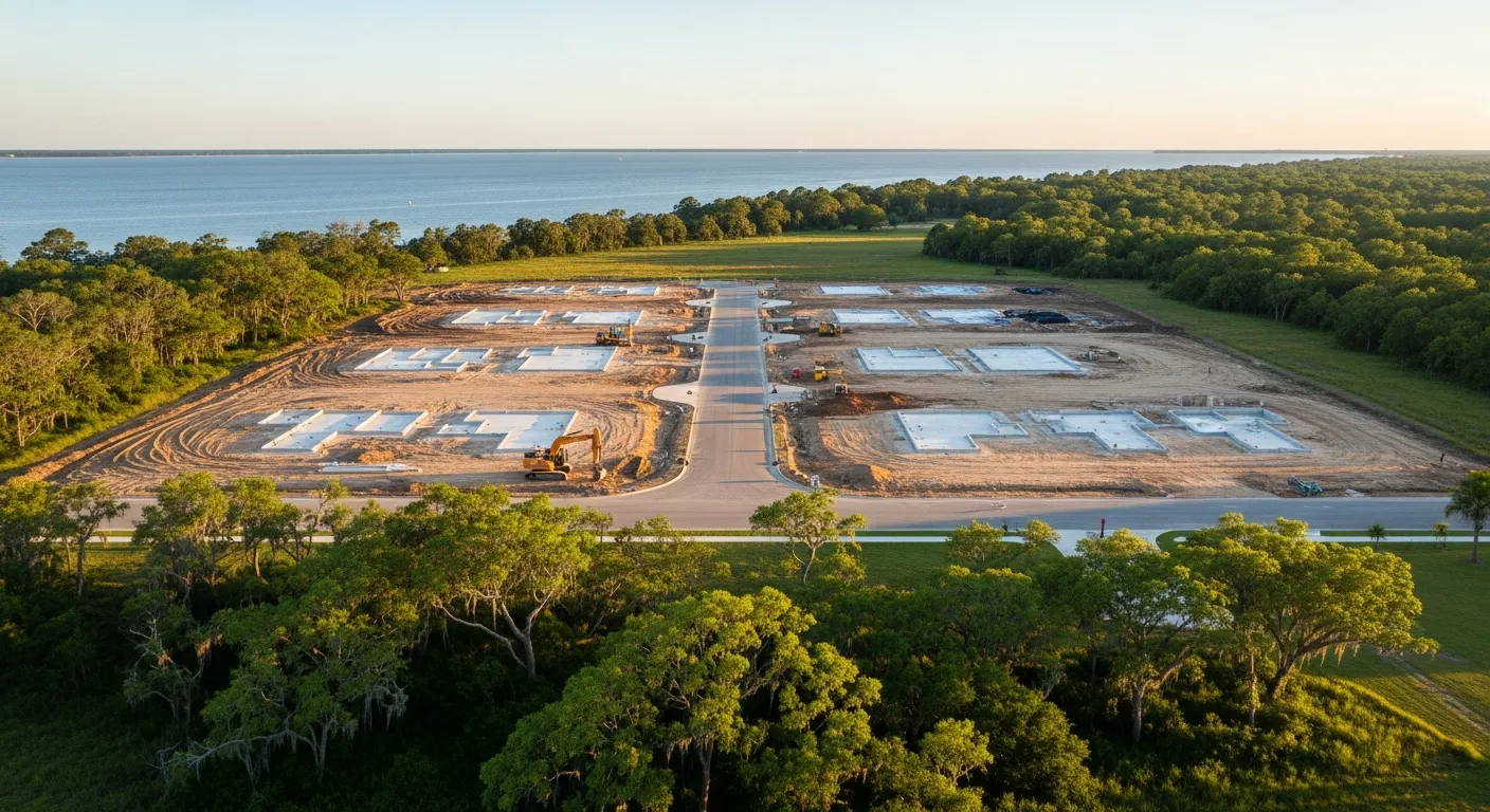 aerial imaging in progress at a construction site in Daphne, AL with local terrain visible