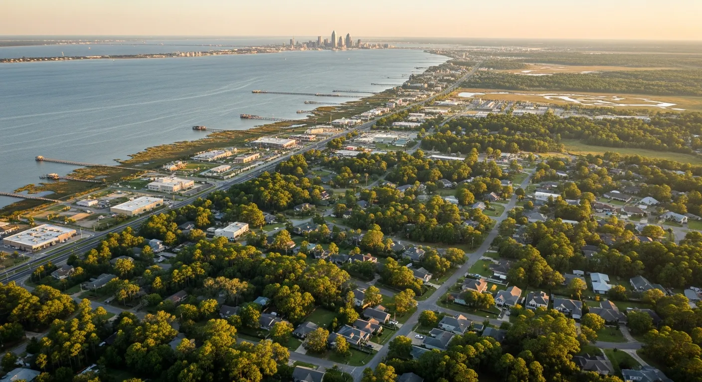 Aerial view of Daphne, AL showing the local landscape and terrain relevant to aerial imaging operations