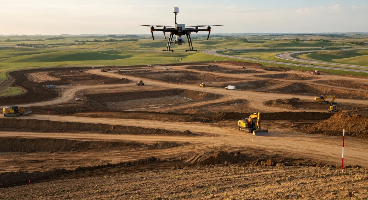 aerial imaging in progress at a construction site in De Soto, KS with local terrain visible