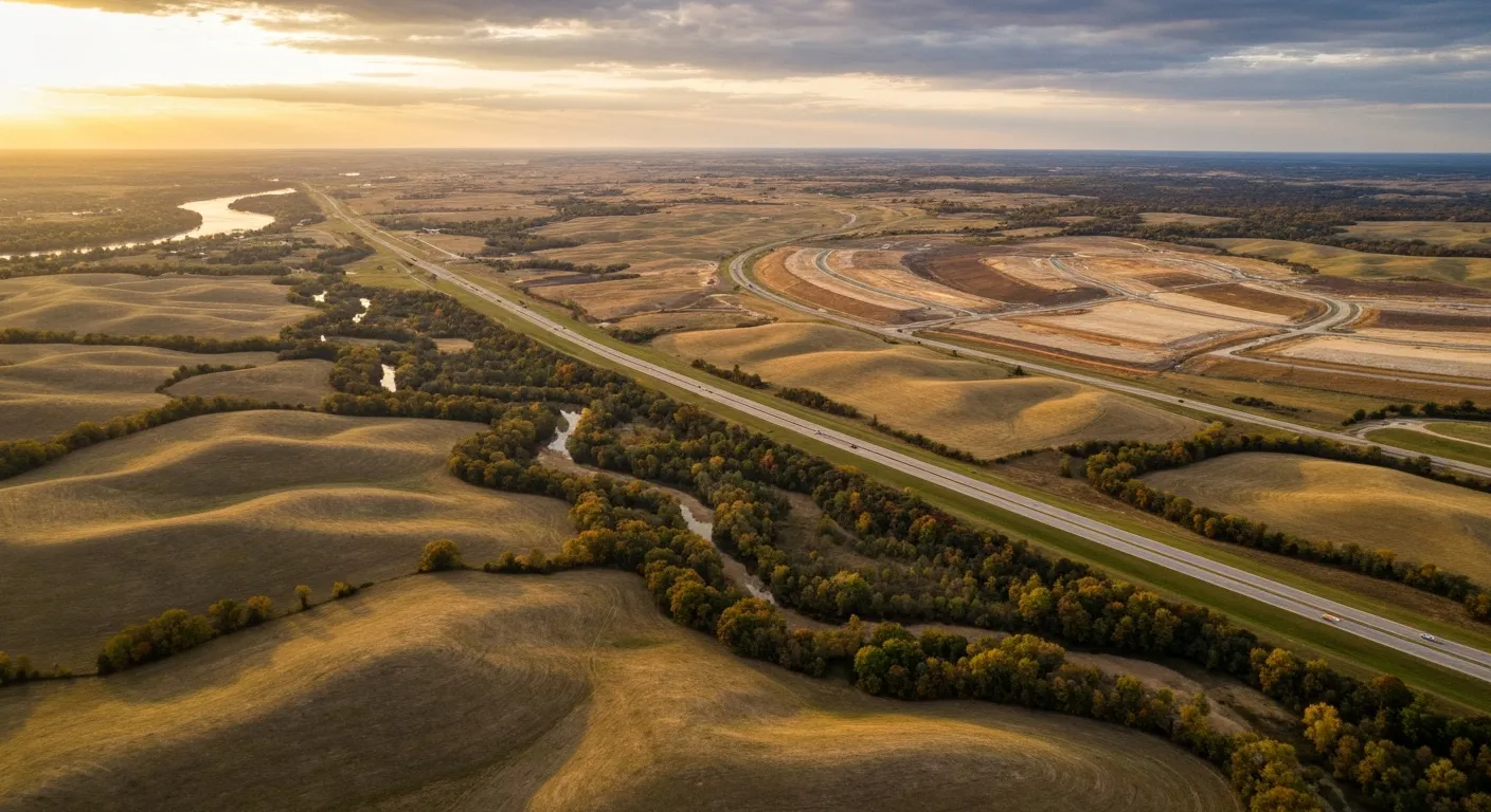 Aerial view of De Soto, KS showing the local landscape and terrain relevant to aerial imaging operations