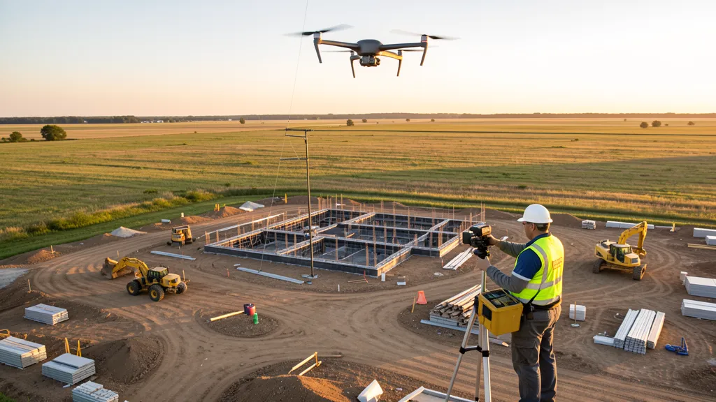 aerial imaging in progress at a construction site in Des Plaines, IL with local terrain visible