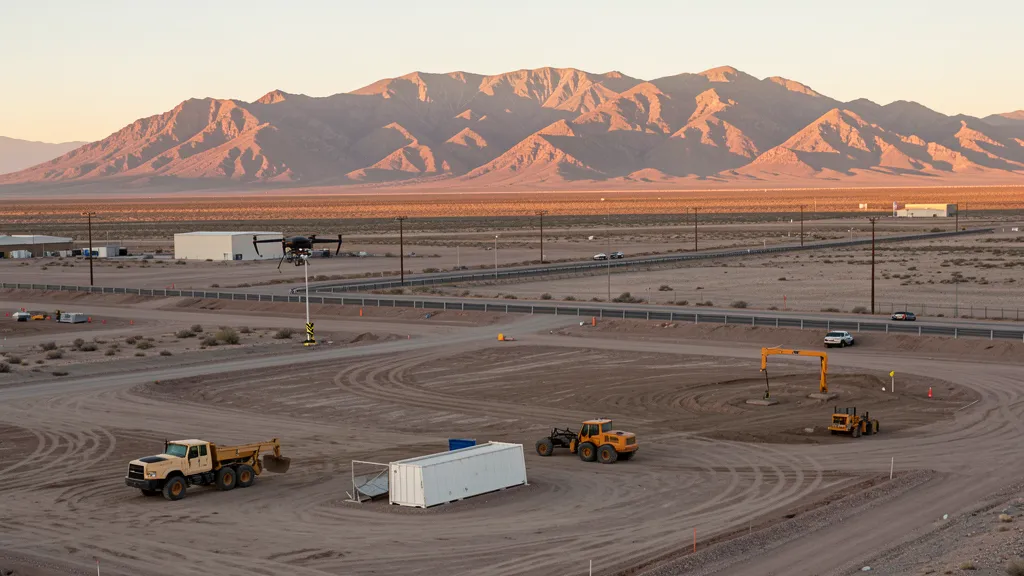 aerial imaging in progress at a construction site in Douglas, AZ with local terrain visible