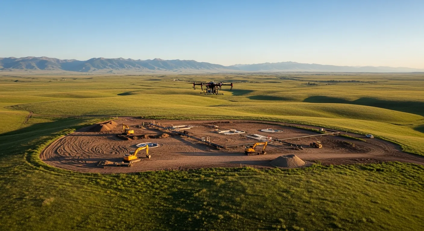 aerial imaging in progress at a construction site in Douglas, WY with local terrain visible
