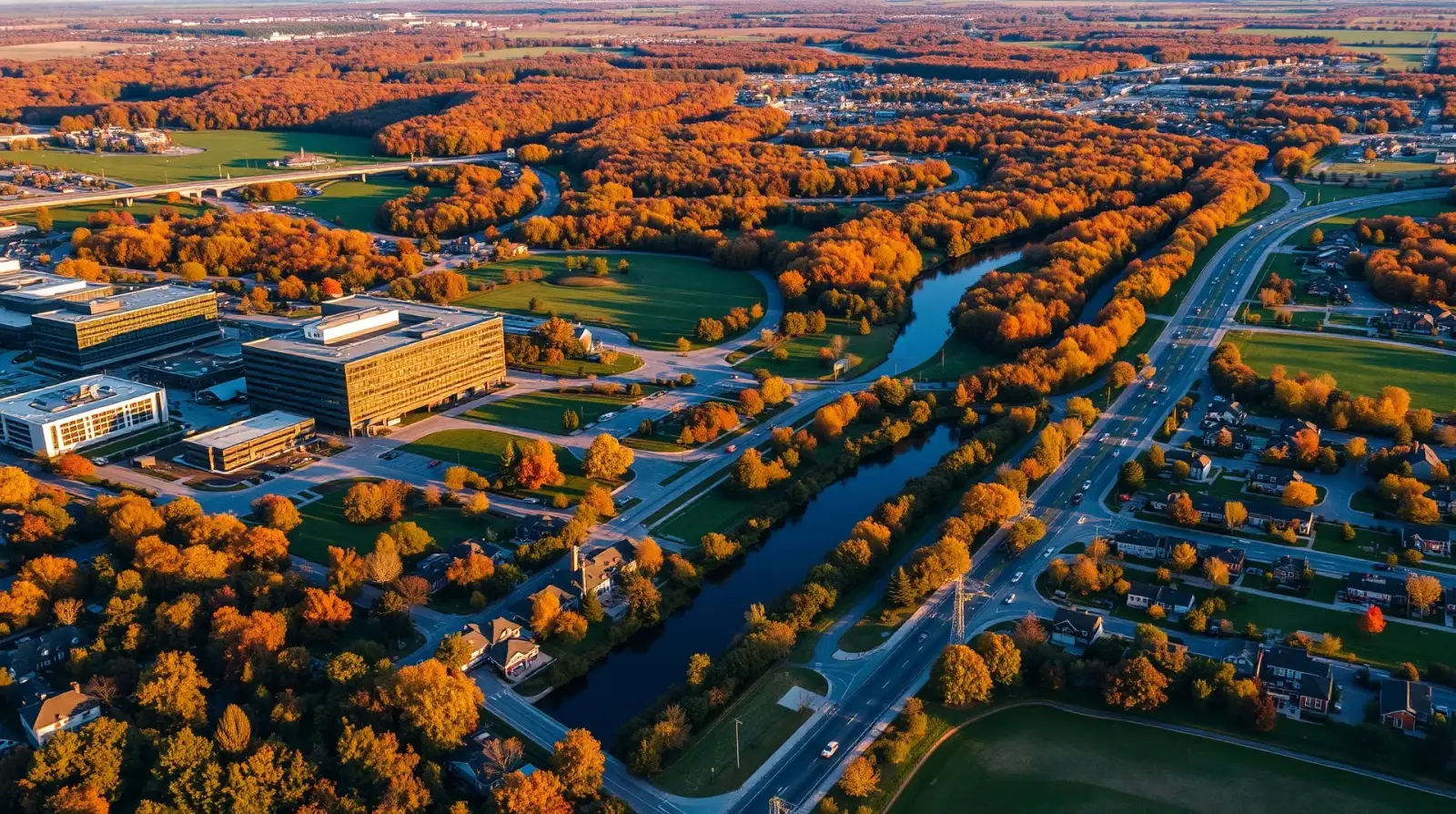 Aerial view of Dublin, OH showing the local landscape and terrain relevant to aerial imaging operations