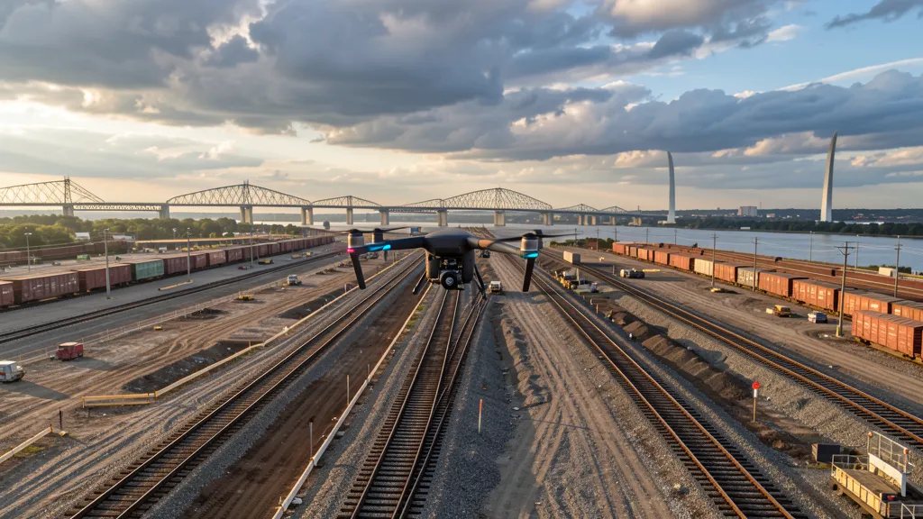 aerial imaging in progress at a construction site in East St. Louis, IL with local terrain visible