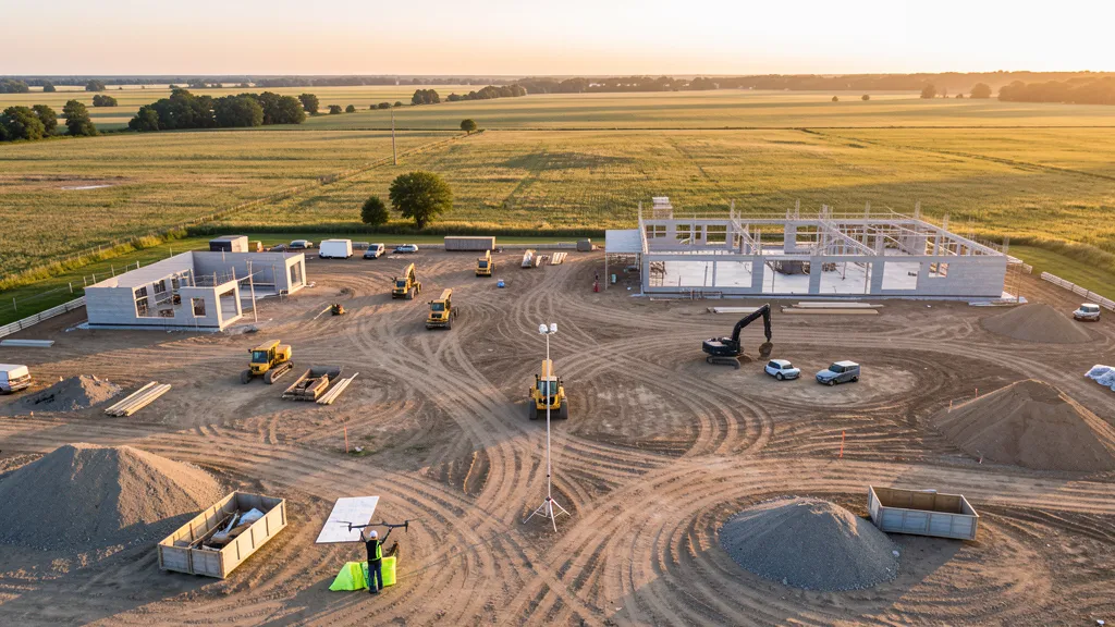 aerial imaging in progress at a construction site in Edwardsville, IL with local terrain visible