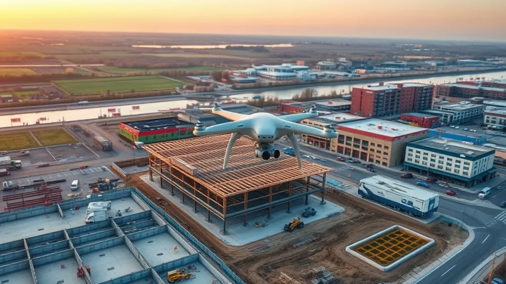 aerial imaging in progress at a construction site in Elgin, IL with local terrain visible