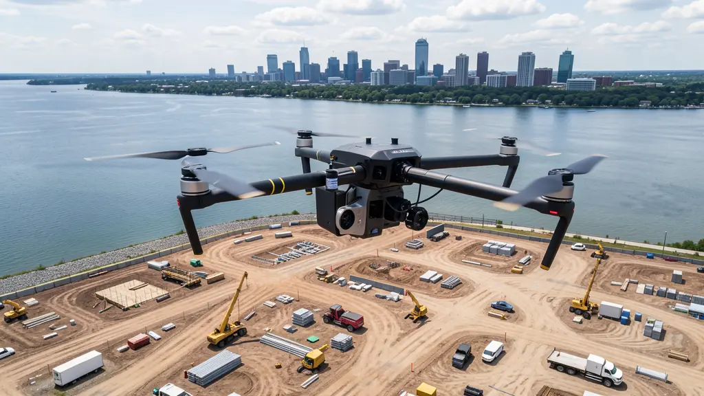 aerial imaging in progress at a construction site in Erie, PA with local terrain visible