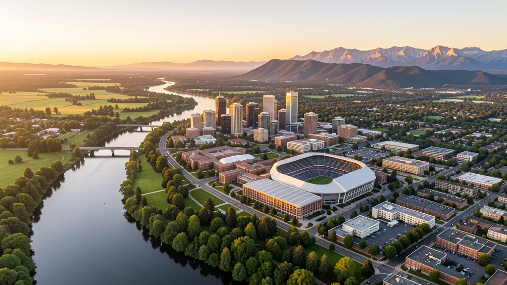 Aerial view of Eugene, OR showing the local landscape and terrain relevant to aerial imaging operations