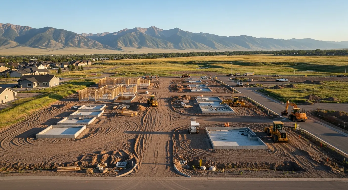 aerial imaging in progress at a construction site in Evanston, WY with local terrain visible