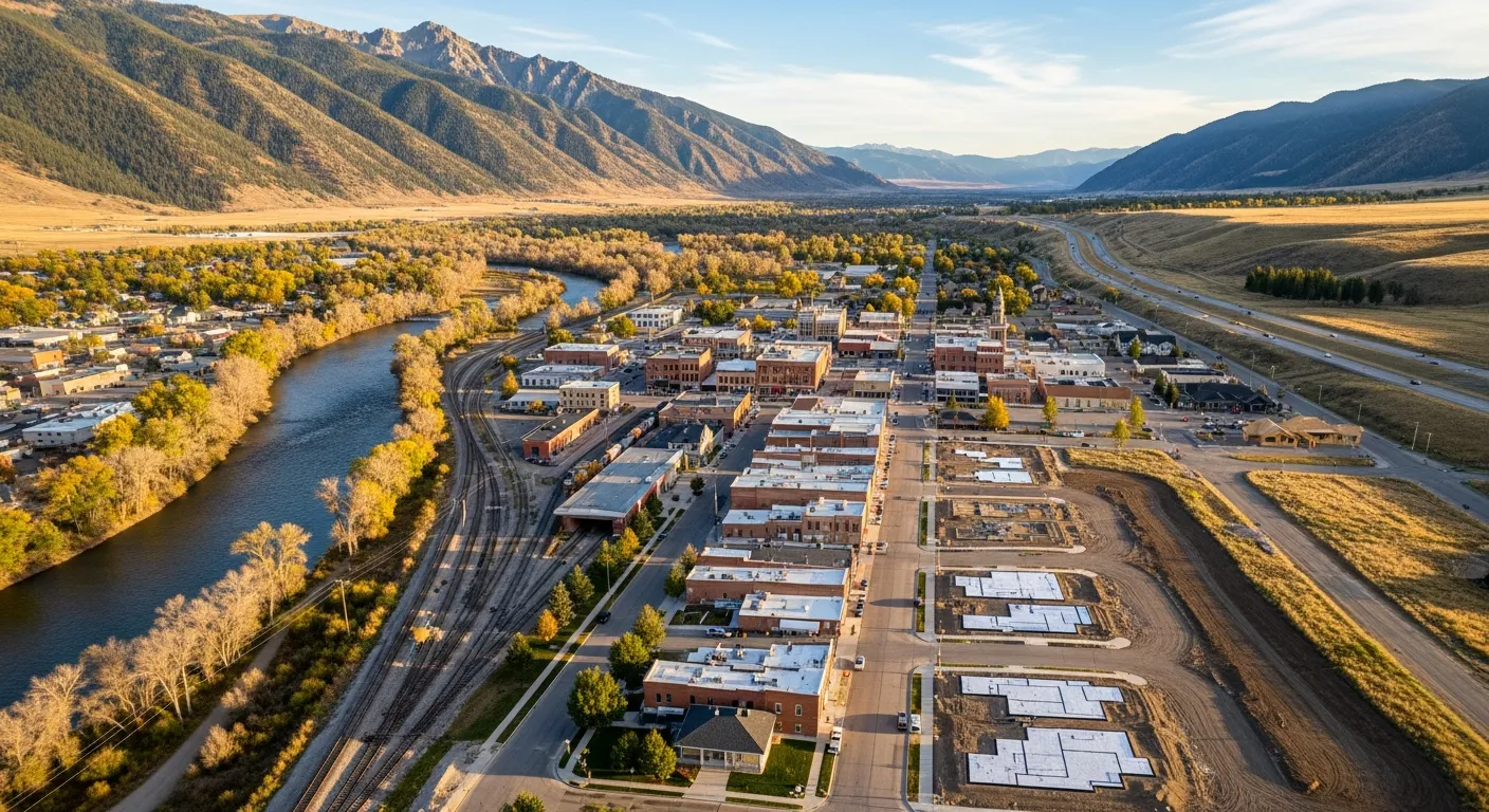 Aerial view of Evanston, WY showing the local landscape and terrain relevant to aerial imaging operations