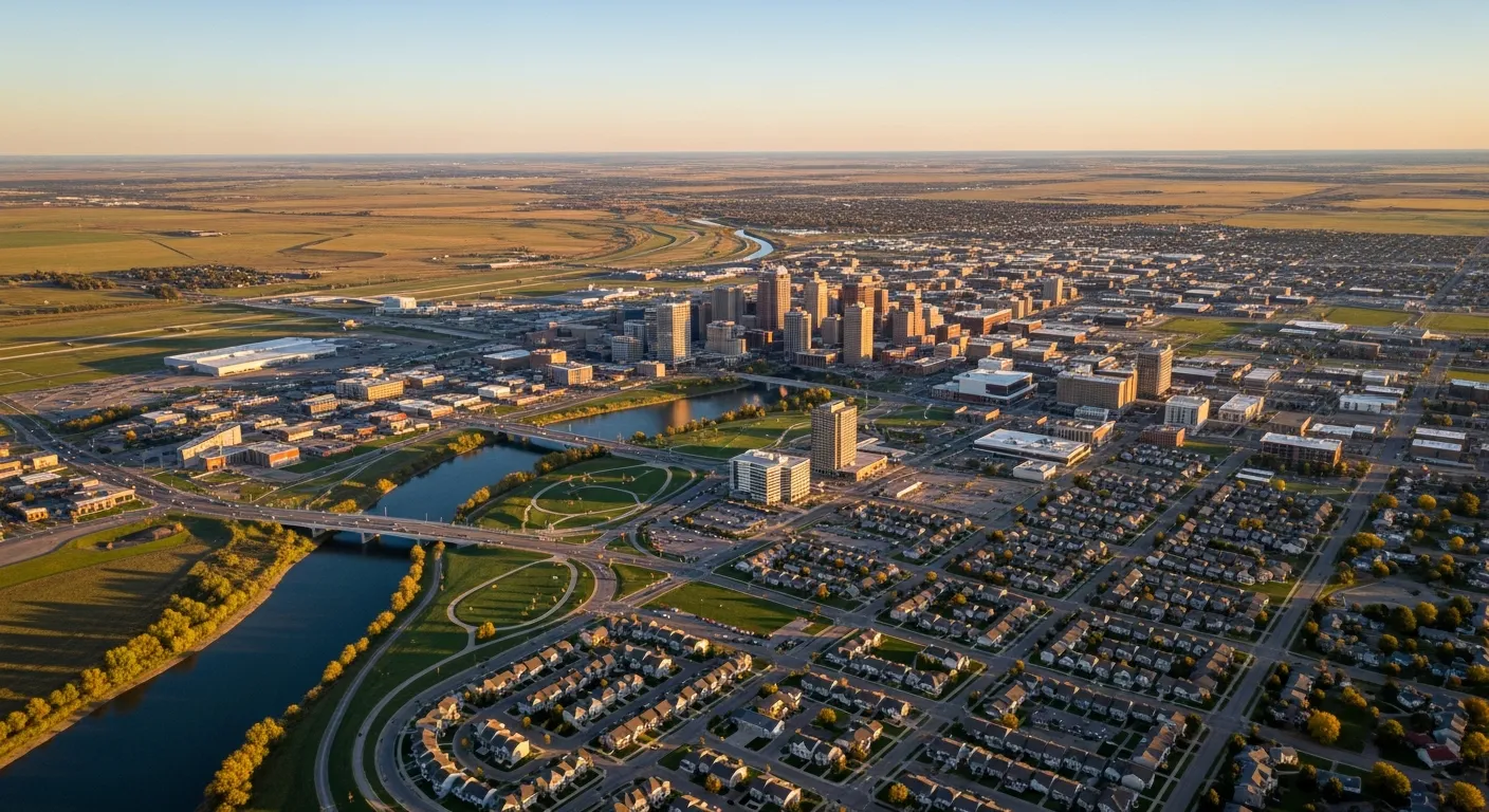 Aerial view of Fargo, ND showing the local landscape and terrain relevant to aerial imaging operations