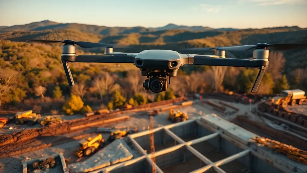 aerial imaging in progress at a construction site in Fayetteville, AR with local terrain visible