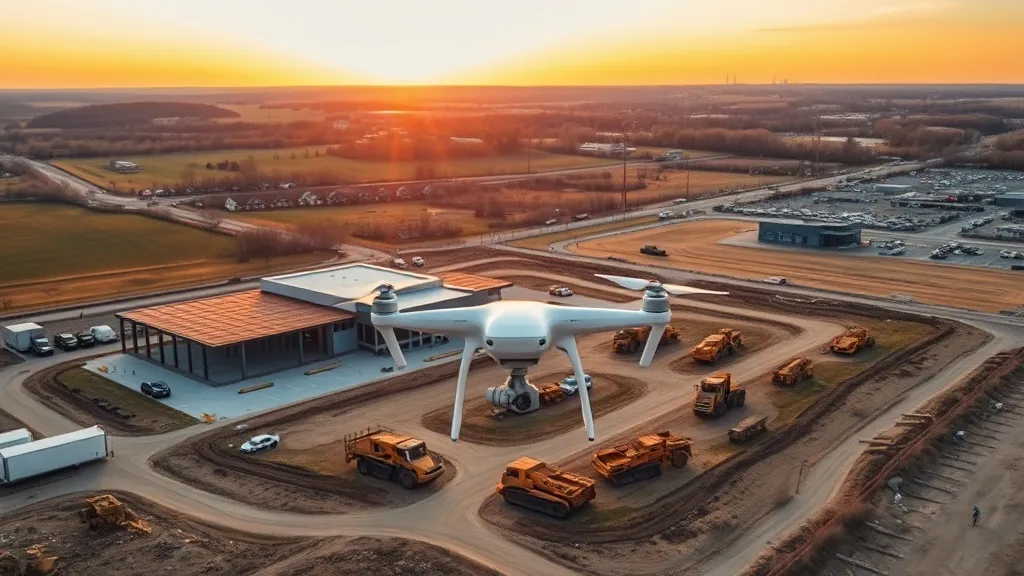 aerial imaging in progress at a construction site in Fitchburg, WI with local terrain visible