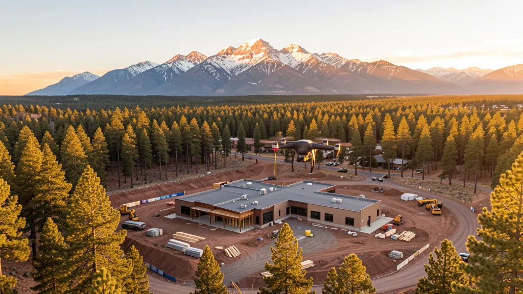 aerial imaging in progress at a construction site in Flagstaff, AZ with local terrain visible