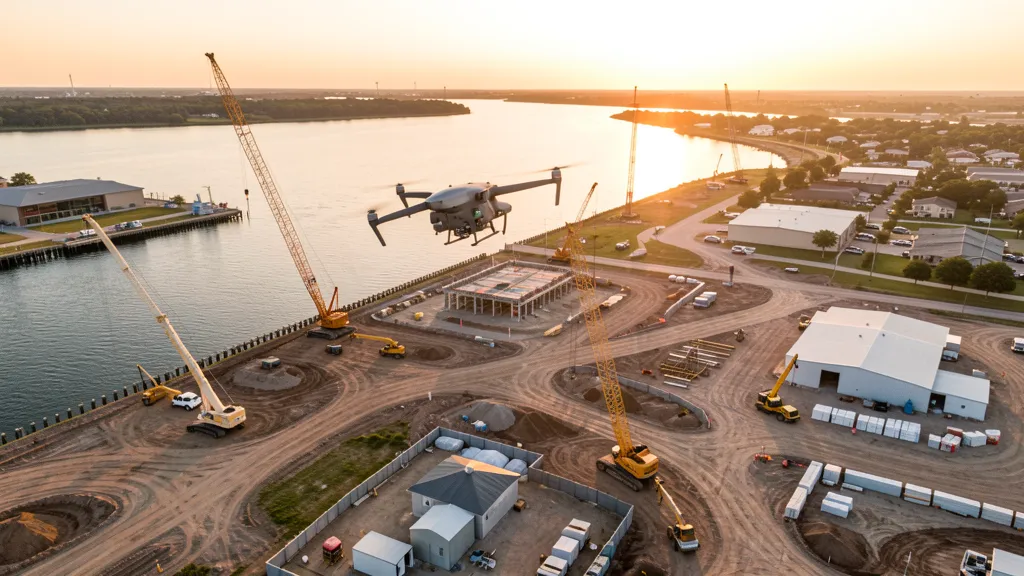 aerial imaging in progress at a construction site in Fort Worth, TX with local terrain visible