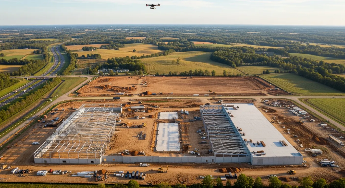 aerial imaging in progress at a construction site in Gaffney, SC with local terrain visible