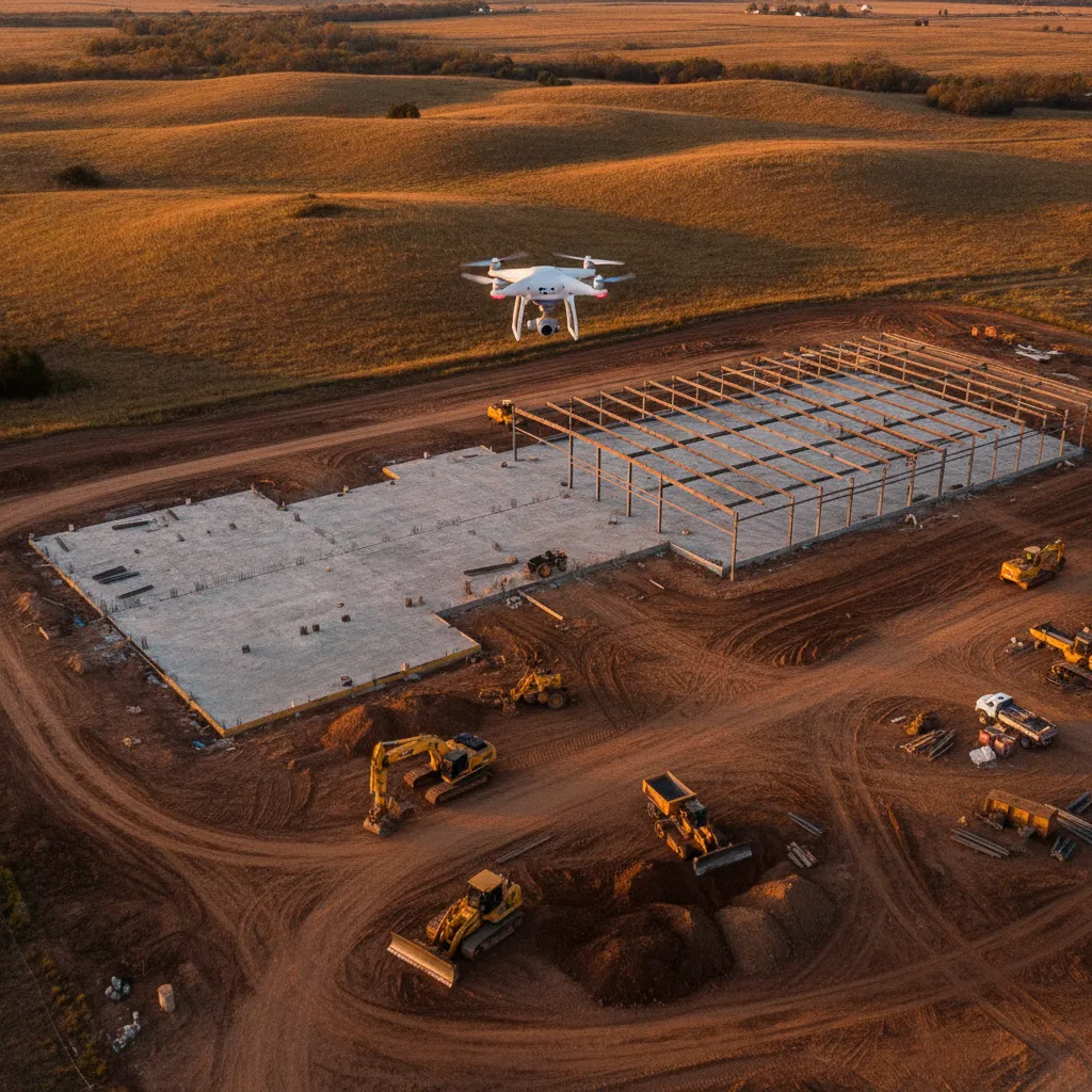 aerial imaging in progress at a construction site in Gardner, KS with local terrain visible